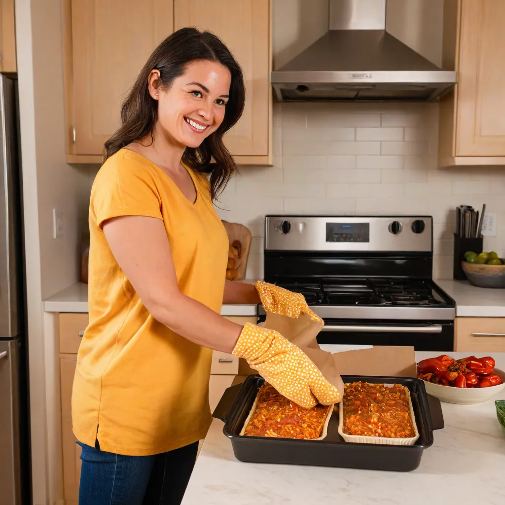 Candid editorial lifestyle photo: a modern woman at home pulling a golden sheet-pan dinner from the oven with oven mitts, smiling; prepped containers and a small jar of sauce on the counter. Warm evening light, cozy apartment vibe, natural color grading, no text, no logos, Stable Diffusion 3.5.