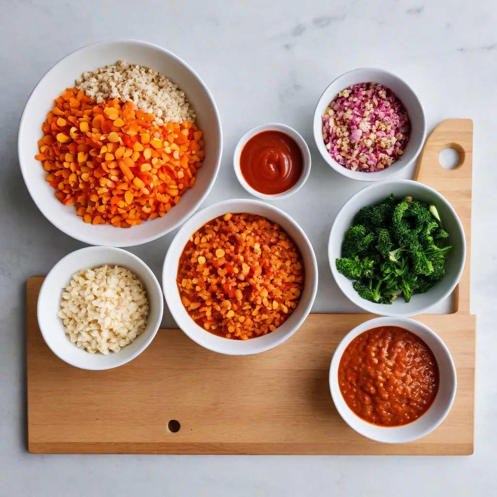 Bright editorial lifestyle photo of a minimalist kitchen mise en place for a 5-ingredient dinner: five small bowls aligned (grain, protein, vegetables, sauce, crunch), a chef’s knife and a cutting board. Natural daylight, airy mood, no text, no logos, Stable Diffusion 3.5.