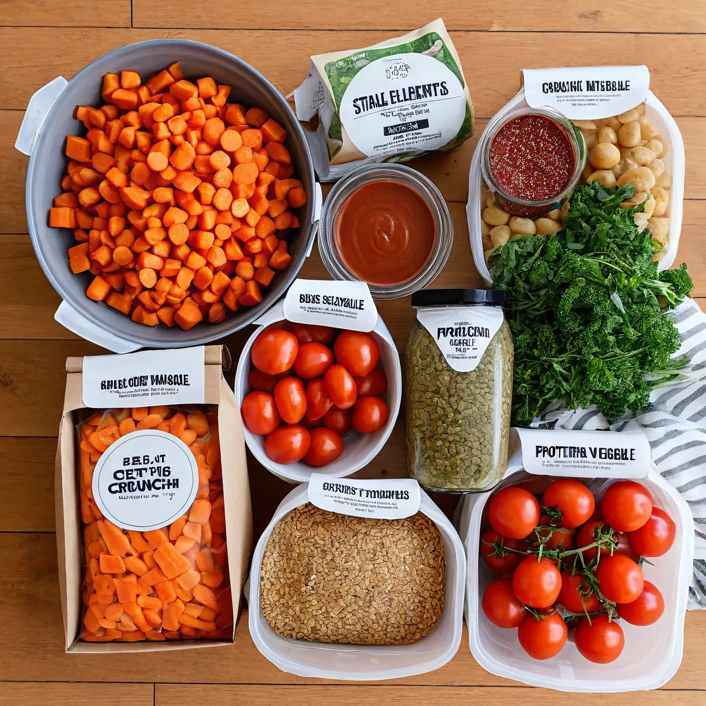 Top-down editorial photo of a grocery haul sorted into five piles labeled mentally as: base, protein, hero vegetable, sauce elements, crunch & herbs. Wooden table, reusable tote, natural daylight, no visible text, no logos, Stable Diffusion 3.5.