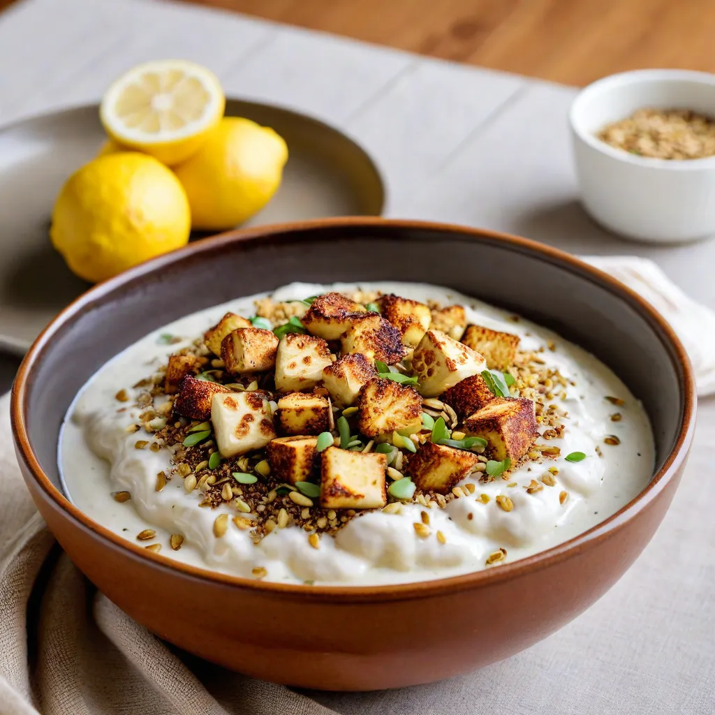 Natural-light editorial food photo of a simple 5-ingredient bowl: quinoa base, roasted cauliflower, seared tofu, lemon-yogurt drizzle, and toasted seeds, in a neutral ceramic bowl with a linen napkin. Shallow depth of field, no text, no logos, Stable Diffusion 3.5.