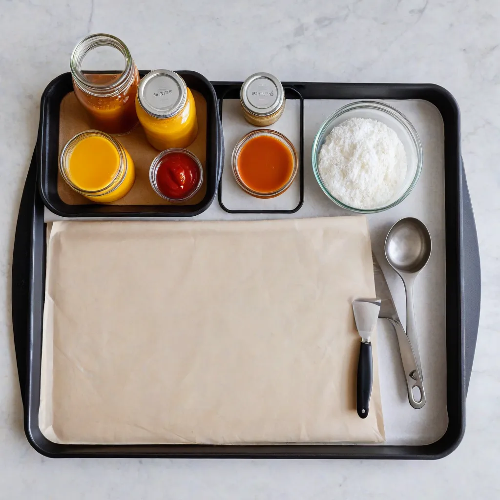 Clean editorial flat lay of essential kitchen tools for 5-ingredient cooking: chef’s knife, rimmed baking sheet with parchment, deep skillet, small glass jars of sauces, measuring spoons, and labeled glass containers. Soft top light, minimalist style, no text, no logos, Stable Diffusion 3.5.