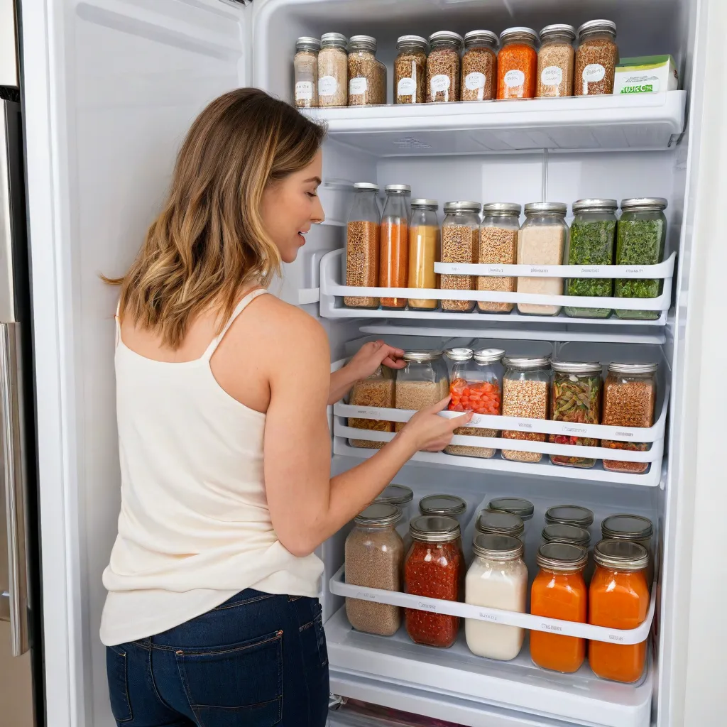Bright editorial lifestyle photo of a woman opening a neatly organized fridge with labeled glass containers of prepped grains, proteins, vegetables, and sauces. Natural daylight, cozy modern apartment kitchen, clean composition, no text, no logos, Stable Diffusion 3.5.