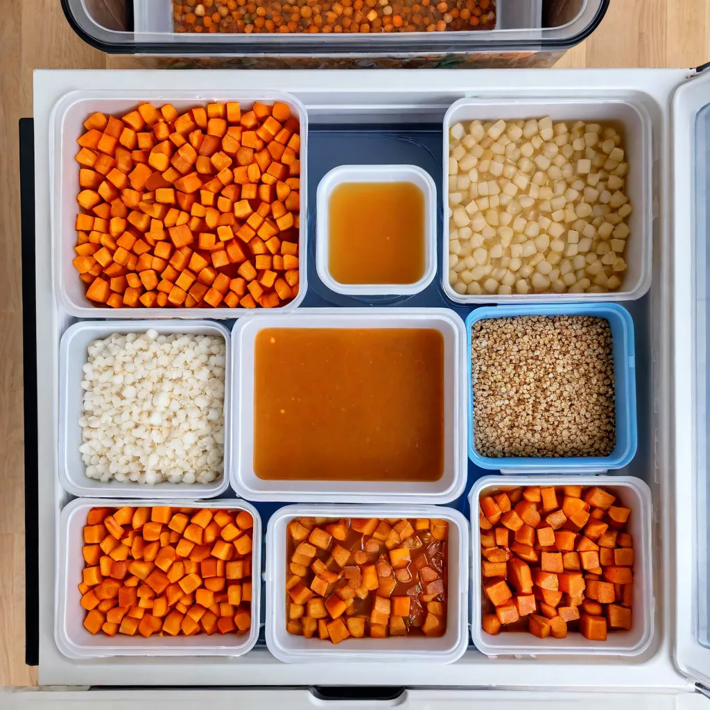 Overhead photo of a freezer drawer neatly organized with labeled flat-packed bags of broth, roasted vegetables, cooked grains, and small silicone trays of frozen sauce cubes. Clean, realistic, no text on image, no logos, Stable Diffusion 3.5.