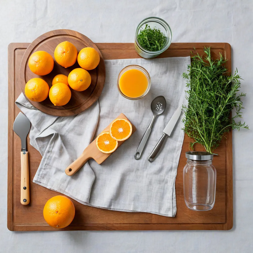Clean flat lay of essential kitchen tools on a linen cloth: chef’s knife, cutting board, glass containers, measuring spoons, a small blender, citrus and fresh herbs. Soft top light, editorial minimalist style, high realism, no text, no logos, Stable Diffusion 3.5.