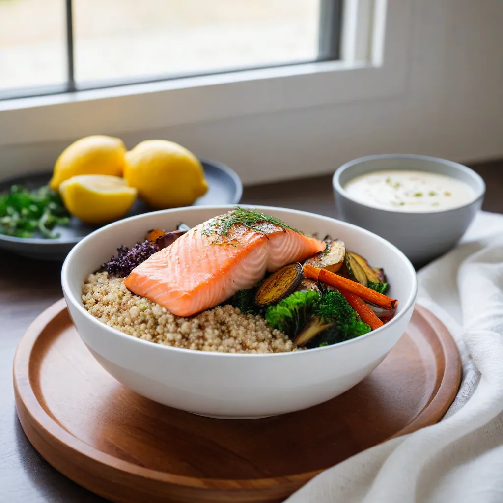 Natural-light editorial food photo near a window: a simple grain bowl with quinoa, roasted vegetables, salmon, and a drizzle of lemon-yogurt sauce. Neutral ceramic bowl, linen napkin, shallow depth of field, high realism, no text, no logos, Stable Diffusion 3.5.