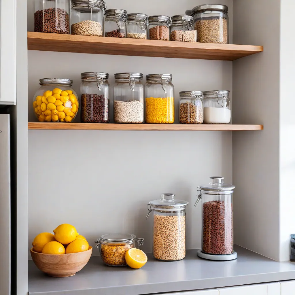 Editorial lifestyle photo: a bright modern kitchen corner with open shelves showing a tidy pantry setup, glass jars with grains and beans, a small bowl of lemons, and a simple timer. Natural daylight, airy composition, no text, no logos, Stable Diffusion 3.5.