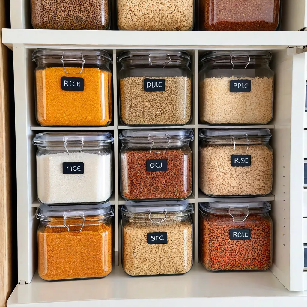 Top-down photo of an organized pantry drawer with labeled glass jars of rice, bulgur, lentils, quinoa, small spice jars in a grid, and a minimal label maker on the side. Soft natural light, clean composition, no text overlay, no logos, Stable Diffusion 3.5.