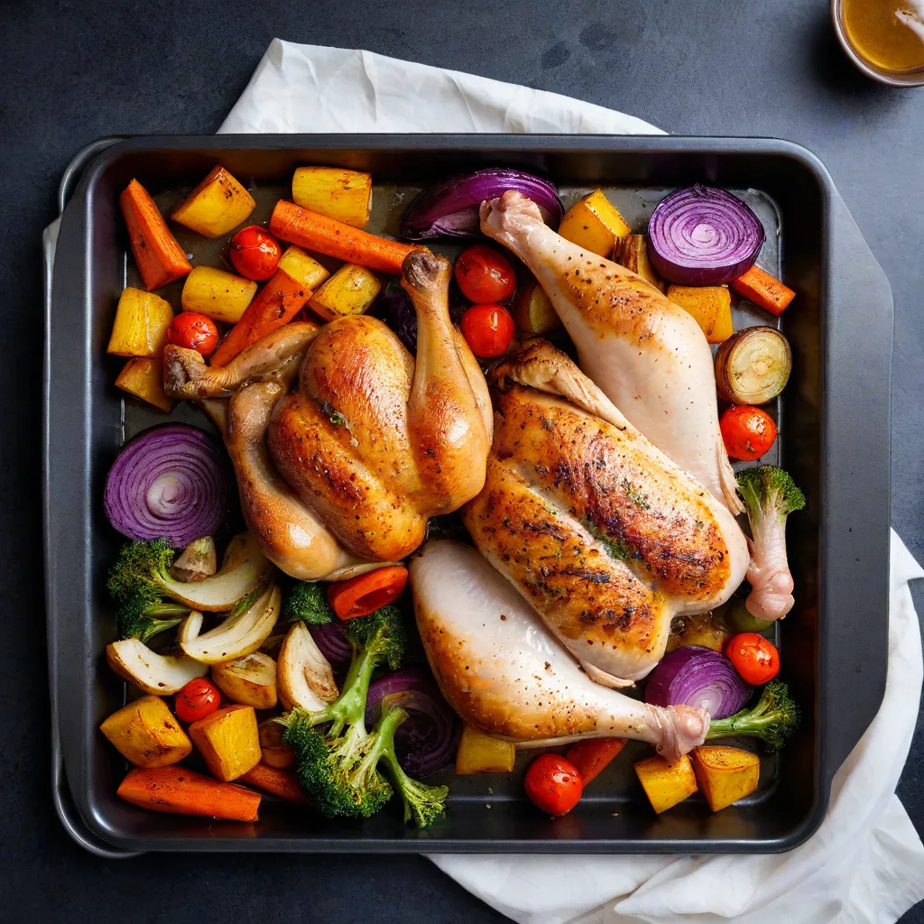 Editorial food photo: a colorful sheet-pan dinner with roasted vegetables and chicken on parchment, gentle steam rising, photographed overhead on a dark tray. Soft directional window light, no text, no logos, Stable Diffusion 3.5.