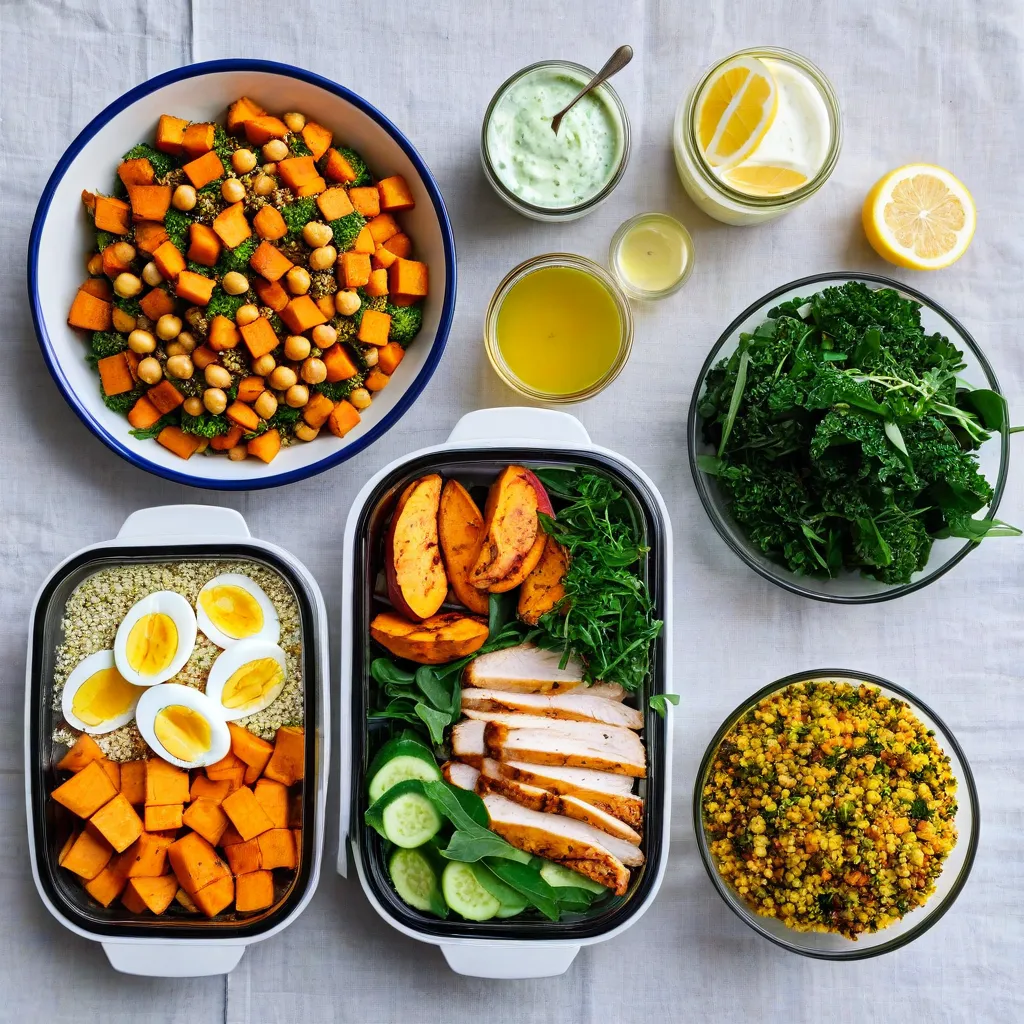 Top-down flat lay of neat modular meal components arranged on a linen table: roasted sweet potatoes, broccoli, quinoa, couscous, grilled chicken slices, chickpeas, boiled eggs, leafy greens, cucumbers, lemon wedges, herb yogurt, chili oil, vinaigrette in small glass jars; minimalist neutral tones; natural daylight; lifestyle editorial; no text, no labels; high detail; stable diffusion 3.5
