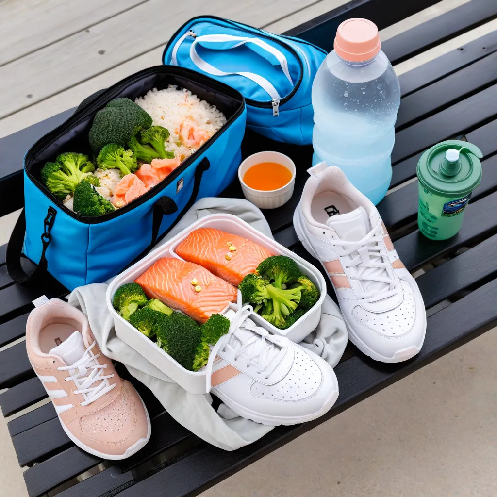 Open gym bag on a bench next to tidy meal-prep containers with balanced protein bowls (rice, salmon, broccoli, sesame), a water bottle, white sneakers; airy daylight; clean modern aesthetic; no text, no labels; lifestyle editorial; stable diffusion 3.5