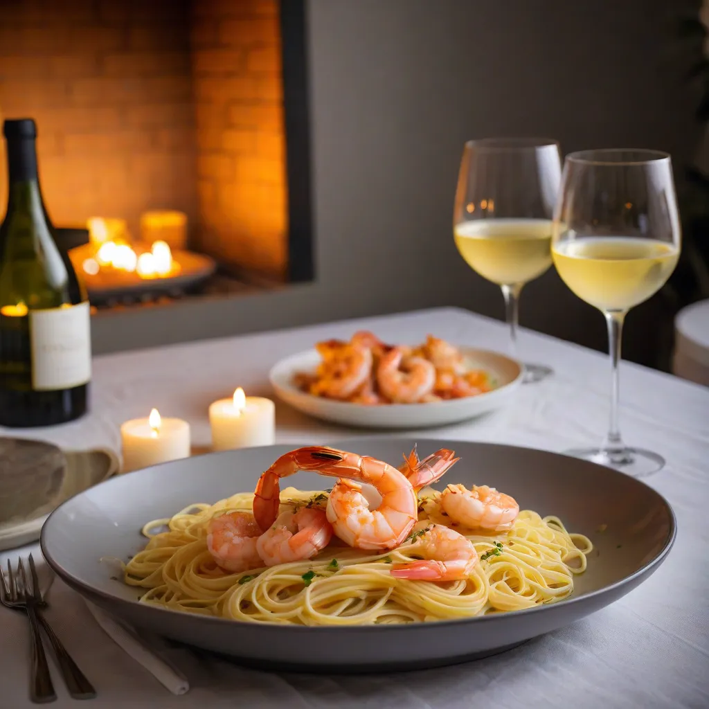 Moody warm-lit dinner scene at home: candlelight glow on an elegant table for two; simple pasta twirl in a shallow bowl, grilled shrimp, lemon zest, glass of white wine; soft bokeh background; cozy and romantic; no text; lifestyle magazine feel; stable diffusion 3.5