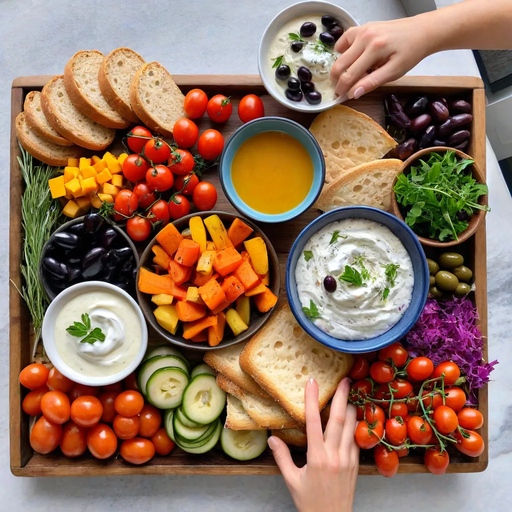 Overhead lifestyle shot of a vibrant grazing board: roasted vegetables, colorful crudités, olives, cheeses, artisanal breads, hummus and herb yogurt in small bowls; hands reaching for bites; natural window light; modern tableware; no text, no labels; high detail; stable diffusion 3.5
