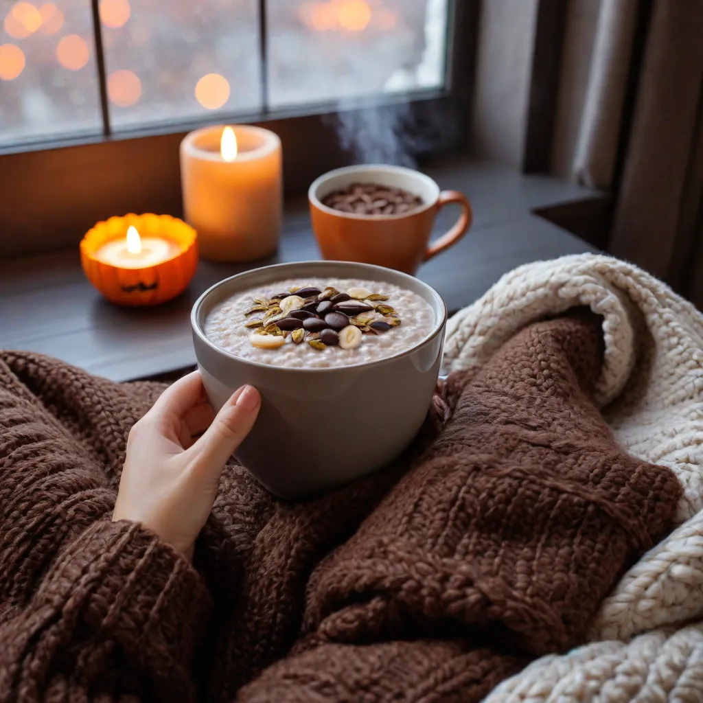 Soft cozy evening scene: a woman’s hands cradling a steaming mug of cocoa next to a warm bowl of banana-oat porridge topped with dark chocolate and pumpkin seeds, knitted blanket background, soft window light, muted tones; no text, no labels; intimate lifestyle mood; stable diffusion 3.5