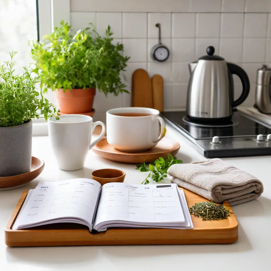 Editorial lifestyle photo of a cozy modern kitchen corner on Sunday morning: timer, herbs in small pots, a linen towel, and a cup of tea next to a weekly meal planner. Natural daylight, airy mood, shallow DOF, no text, no logos, Stable Diffusion 3.5.