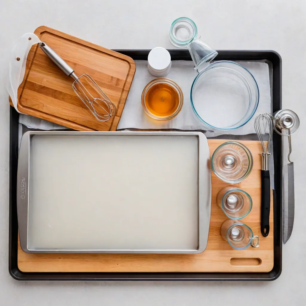 Clean flat lay of essential kitchen tools for a Sunday reset: chef’s knife, cutting board, baking sheet with parchment, immersion blender, glass containers with lids, measuring spoons. Soft top light, neutral background, no text, no logos, Stable Diffusion 3.5.