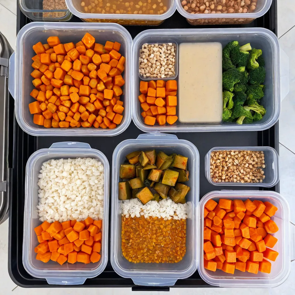 Overhead photo of a neatly organized freezer drawer: flat-packed labeled bags of broth and grains, roasted vegetables in clear containers, small silicone trays with frozen sauce cubes. Clean, realistic, no text, no logos, Stable Diffusion 3.5.