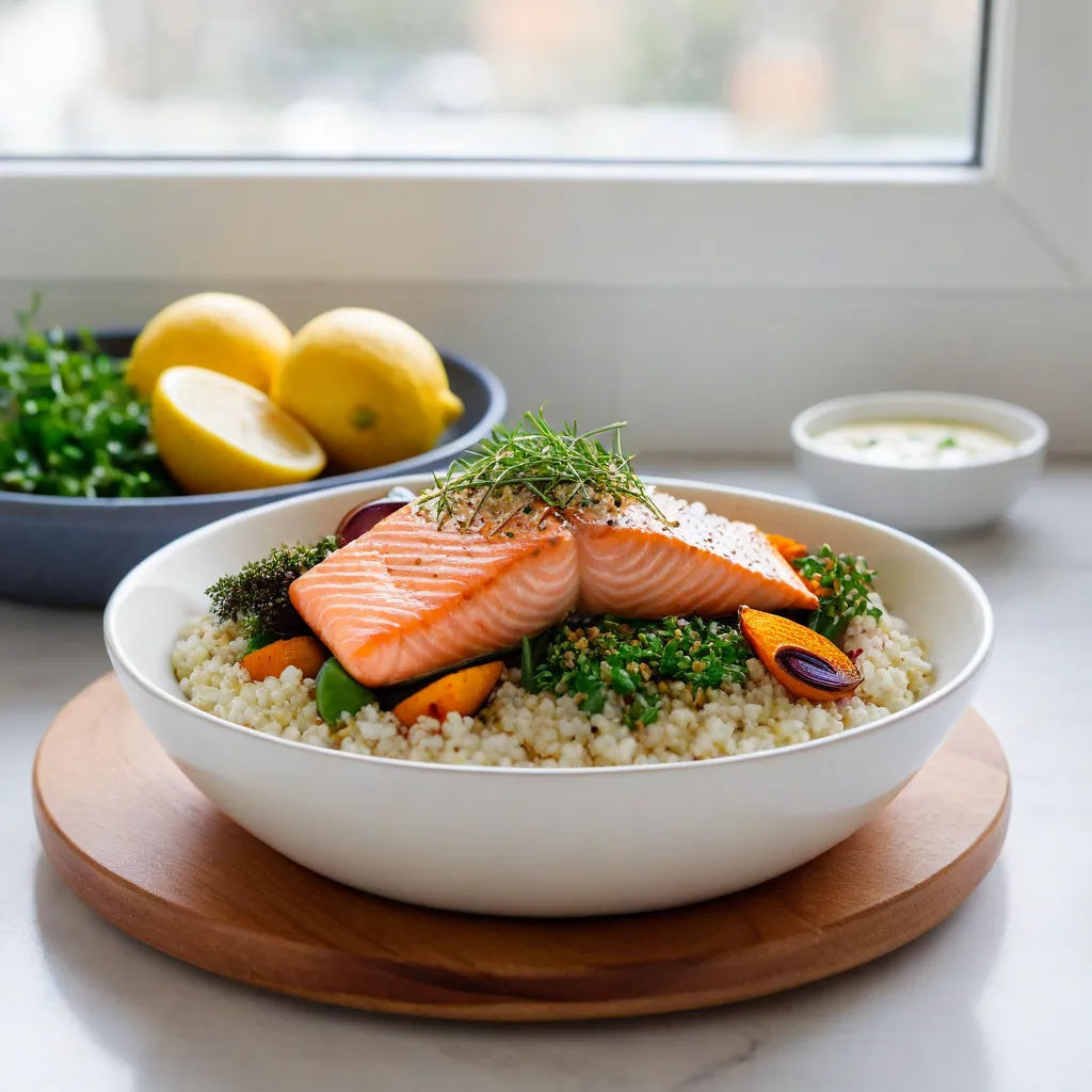 Natural-light editorial food photo near a window: a minimalist grain bowl with bulgur, roasted vegetables, seared salmon, fresh herbs, and a drizzle of lemon-yogurt sauce in a neutral ceramic bowl. Shallow depth of field, no text, no logos, Stable Diffusion 3.5.
