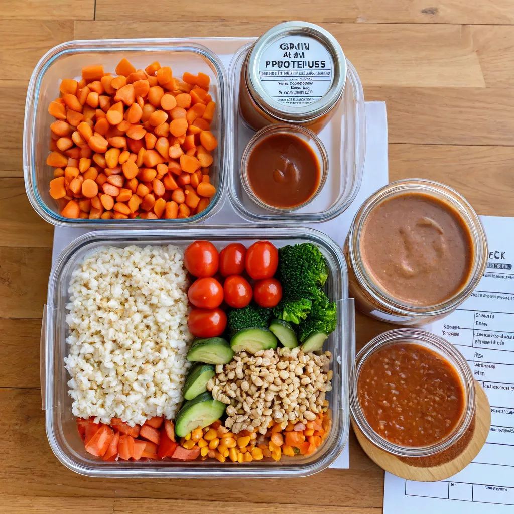 Bright editorial photo of labeled glass lunch containers filled with layered bowls (grain, protein, vegetables) and a small jar of sauce on the side, arranged on a wooden countertop next to a checked checklist with tick marks. Natural daylight, clean styling, no text overlay, no logos, Stable Diffusion 3.5.
