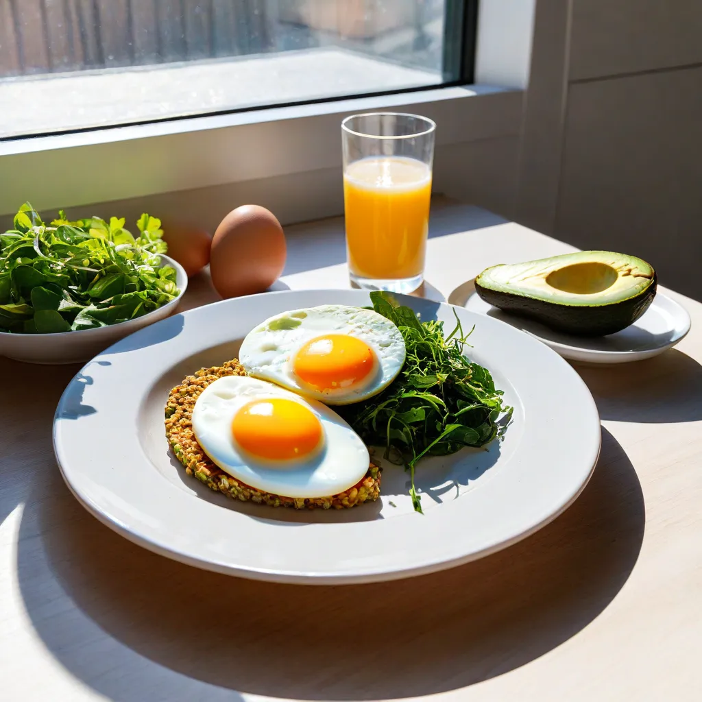Editorial lifestyle photo of a bright morning breakfast setup: protein-rich savory plate (eggs, greens, avocado, whole grains) next to a glass of water and a phone with dimmed screen; sunlit Scandinavian kitchen; soft shadows; no text, no labels; high detail; stable diffusion 3.5