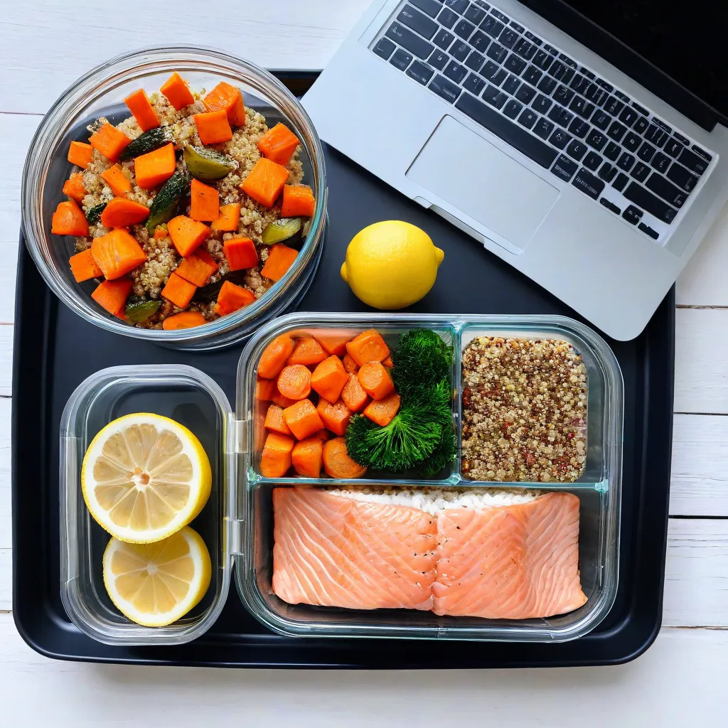 Top-down flat lay of a chic office lunch: glass meal-prep container with quinoa, salmon and roasted vegetables, lemon wedge, reusable cutlery; laptop and notebook partially visible; natural daylight; minimalist aesthetic; no text, no labels; stable diffusion 3.5