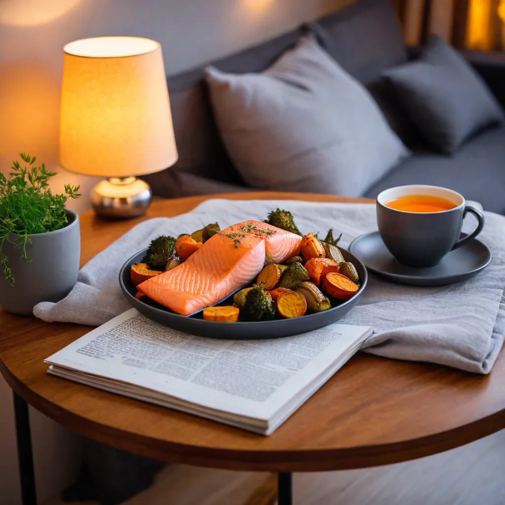 Warm evening lifestyle scene: small round table with a sheet-pan salmon and roasted vegetables, a cup of herbal tea, soft lamp light and gentle bokeh; cozy, modern, magazine-like; no text, no labels; stable diffusion 3.5