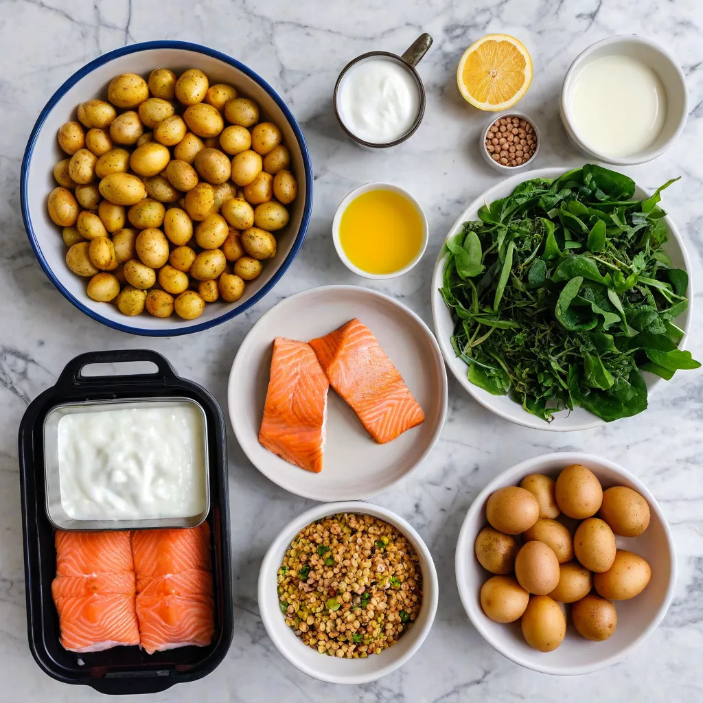 Top-down grocery haul grouped by time-of-day: breakfast items (eggs, yogurt, leafy greens), lunch items (whole grains, legumes, vegetables), dinner items (salmon, potatoes), plus lemons, herbs and olive oil; neutral marble background; natural daylight; clean minimalist styling; no text, no labels; stable diffusion 3.5