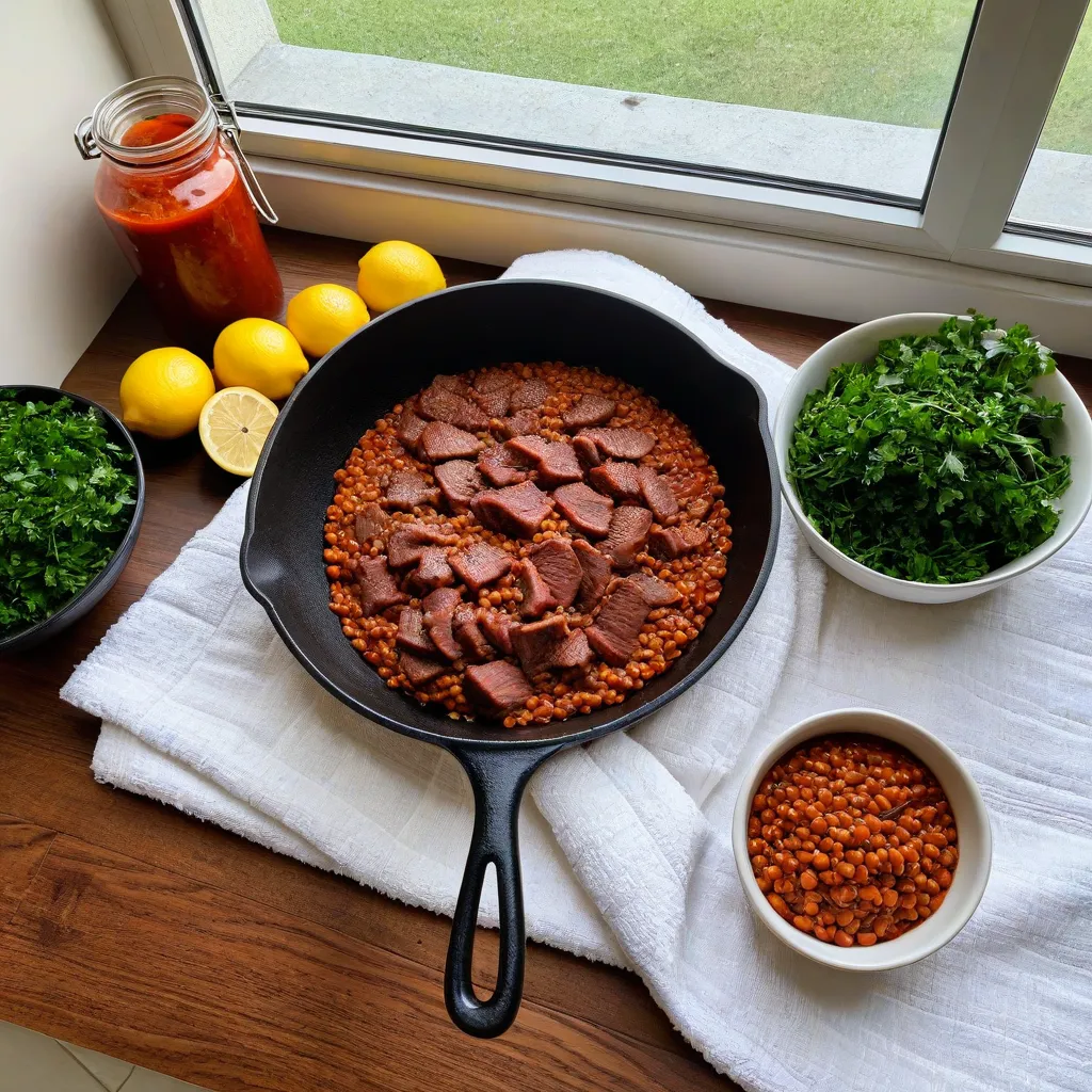 Editorial kitchen counter scene: a small cast-iron skillet on a linen towel, bowls with marinated beef strips, cooked lentils, chopped parsley, lemon halves, and a jar of tomato sauce; natural window light; cozy minimalist aesthetic; no text or labels; stable diffusion 3.5