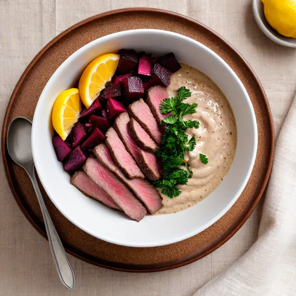 Overhead lifestyle photo of a vibrant iron-friendly bowl: warm buckwheat, seared beef strips, roasted beets, parsley, lemon wedge, and a spoonful of tahini sauce; ceramic bowl on linen; soft natural light; no text or labels; stable diffusion 3.5