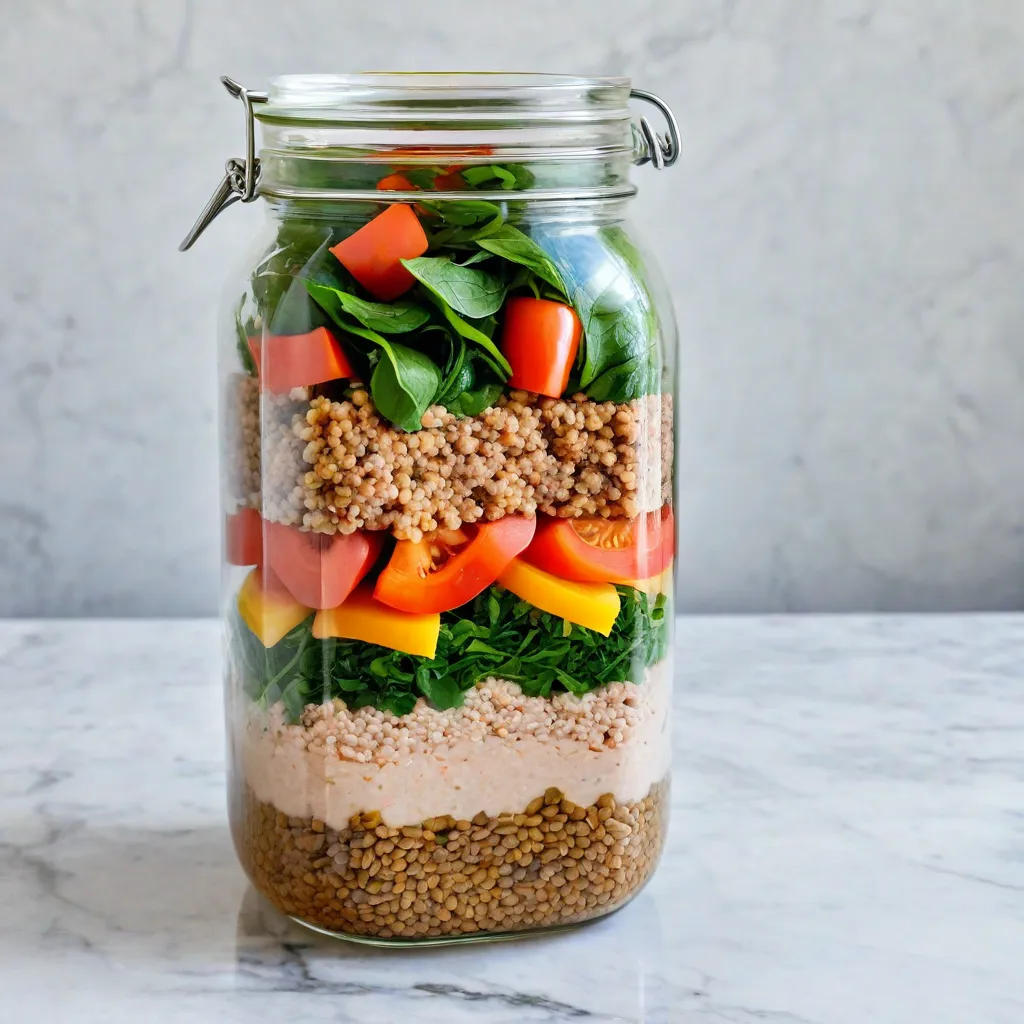 Top-down editorial image of a “salad in a jar” layered for iron support: lentils or quinoa at the bottom, tuna or turkey in the middle, bell pepper, parsley and spinach on top, lemon wedge on the side; clear glass jar on marble; soft daylight; no text or labels; stable diffusion 3.5