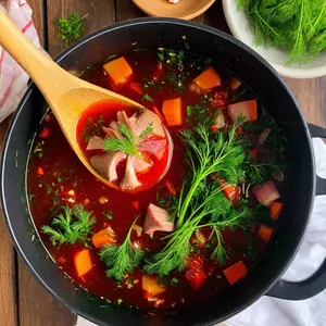 Рецепт Борщ с индейкой и черной смородиной - Заправка чесноком и укропом