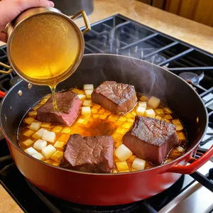Рецепт Борщ с копченой говядиной и вишней - Обжарка лука и говядины