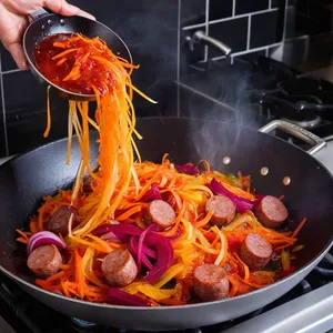 Рецепт Борщ с копченой колбасой и перловкой - Обжарка овощей и колбасы