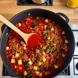Рецепт Борщ с копченой колбасой и перловкой - Варка борща