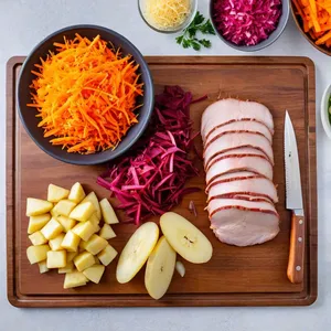 Рецепт Борщ с копченой курицей и черносливом - Подготовка овощей и мяса