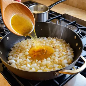 Рецепт Буйабес с гребешками и базиликом - Обжарка лука и чеснока