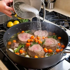 Рецепт Бульон из баранины с розмарином и чесноком - Добавление воды и специй
