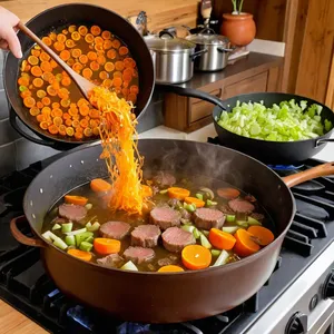 Рецепт Бульон из оленины с брусникой и розмарином - Обжарка овощей и мяса