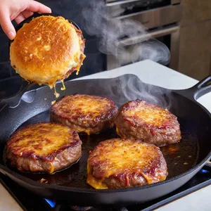 Рецепт Бургер с говядиной, копченой грушей и сыром бри - Жарка котлет и лука