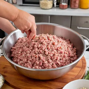 Рецепт Домашняя колбаса с беконом и розмарином - Смешивание фарша