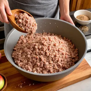 Рецепт Домашняя колбаса с яблоком и корицей - Смешивание фарша и специй