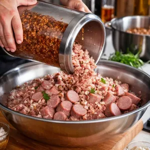 Рецепт Домашняя колбаса с оливками и прованскими травами - Смешивание фарша