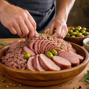 Рецепт Домашняя колбаса с оливками и прованскими травами - Добавление оливок и окончательное вымешивание
