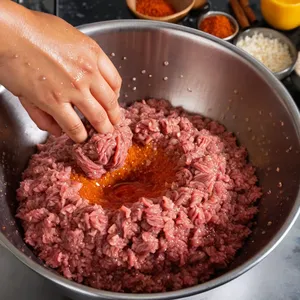 Рецепт Домашняя колбаса с паприкой и можжевельником - Смешивание фарша и специй