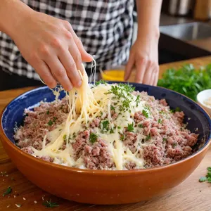 Рецепт Домашняя колбаса с сыром и пряными травами - Смешивание фарша и добавок