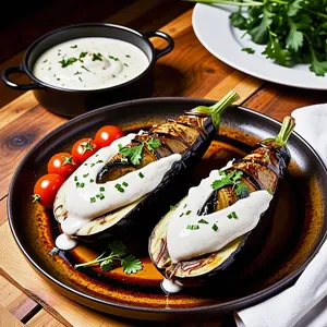 Рецепт Фаршированные баклажаны с бараниной и йогуртовым соусом - Подача