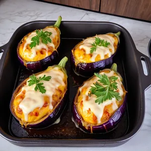 Рецепт Фаршированные баклажаны с говядиной и соусом из хрена - Запекание