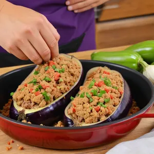 Рецепт Фаршированные баклажаны с индейкой и клюквенным соусом - Фаршировка баклажанов