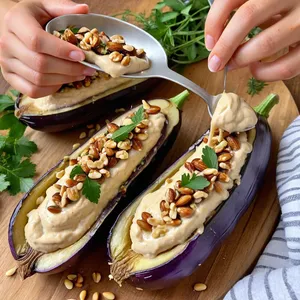 Рецепт Фаршированные баклажаны с хумусом и кедровыми орешками - Фаршировка баклажанов