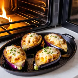 Рецепт Фаршированные баклажаны с курицей и соусом песто - Запекание