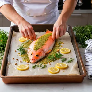 Рецепт Форель с миндальной корочкой и лимонным соусом - Формирование корочки на рыбе